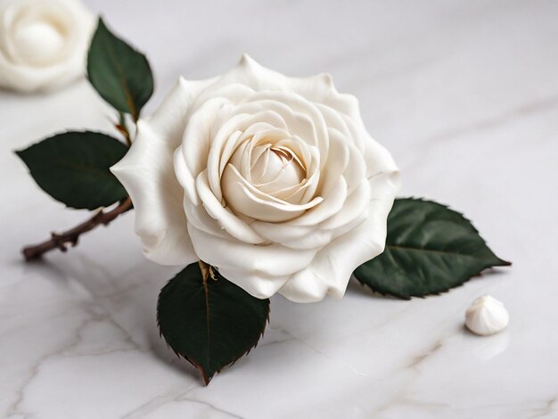 Rose blanche avec une belle tige sur marbre blanc Vue supérieure