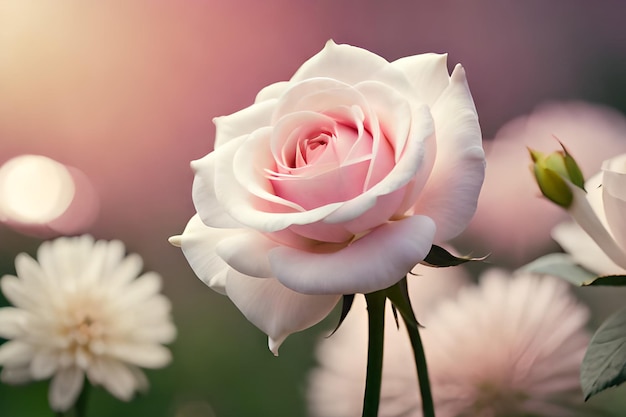 Une rose blanche avec un centre rose et une fleur blanche en arrière-plan.