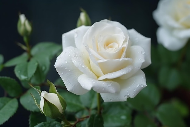 Une rose blanche avec des gouttelettes d'eau dessus