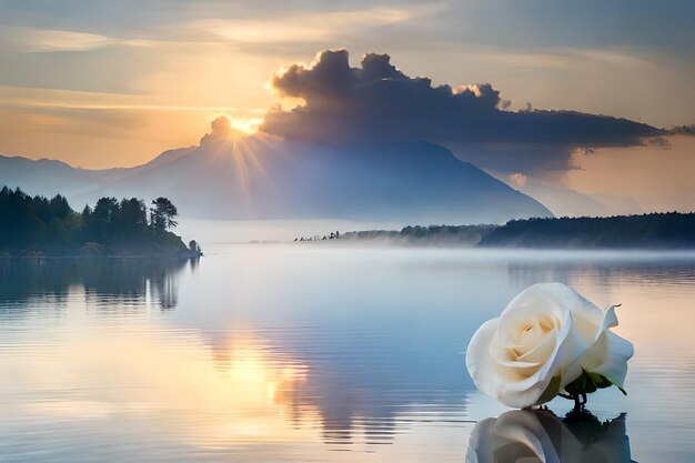 une rose blanche se tient devant une montagne et le soleil brille à travers les nuages.