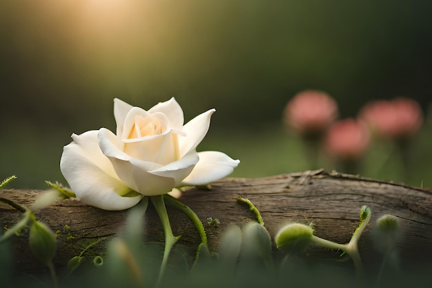 Une rose blanche se trouve sur une branche d'un arbre.