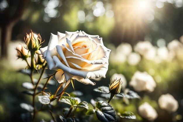 Photo une rose blanche avec le soleil brillant à travers les feuilles