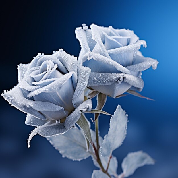 Rose bleue magique congelée dans le fond romantique de neige