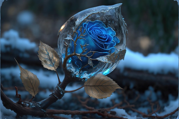 Rose bleue magique congelée dans le fond romantique de neige