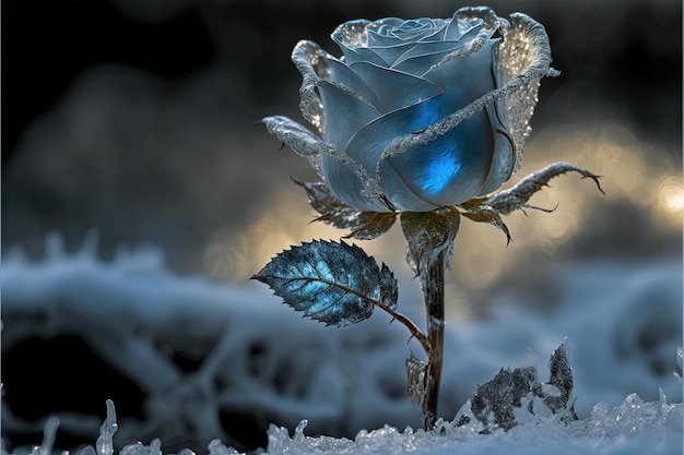 Rose bleue magique congelée dans le fond romantique de neige