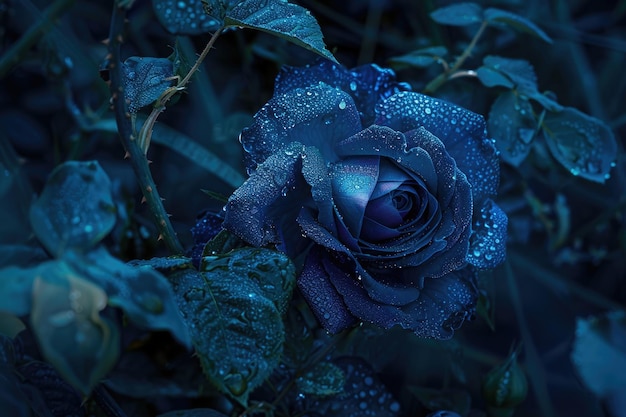 Une rose bleue en pleine floraison la nuit baignée dans le clair de lune avec des gouttes de rosée accrochées à ses pétales veloutés