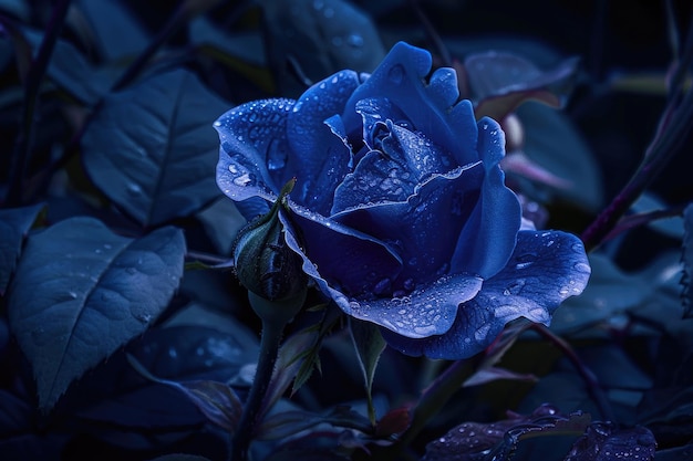 Une rose bleue en pleine floraison la nuit baignée dans le clair de lune avec des gouttes de rosée accrochées à ses pétales veloutés