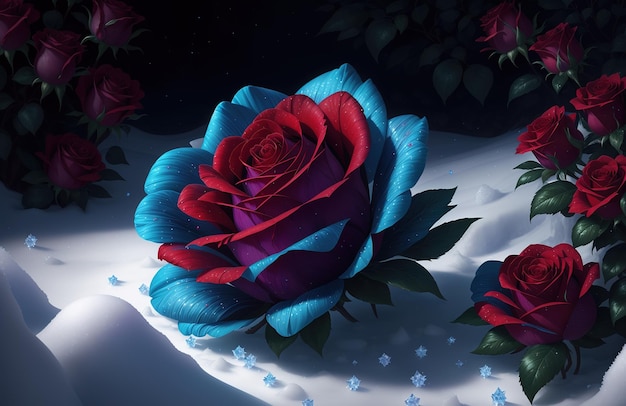 Une rose bleue et rouge sur un gâteau