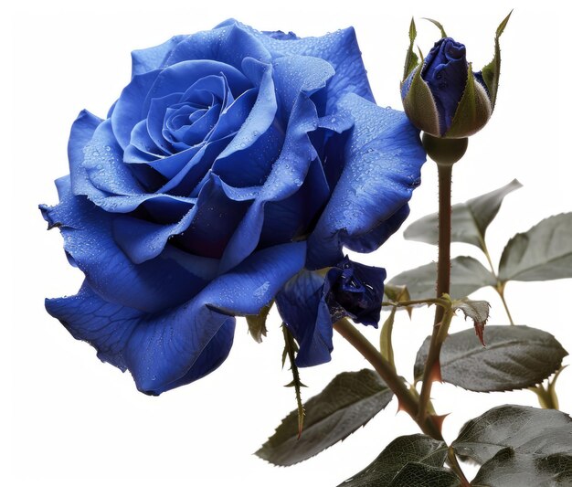 Photo une rose bleue unique avec des feuilles vertes sur un fond blanc