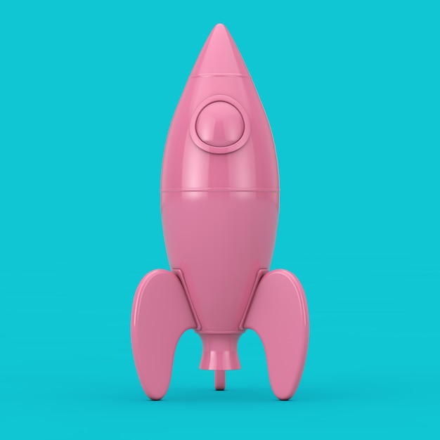 Rose Childs Toy Rocket Mockup Duotone sur fond bleu. Rendu 3D