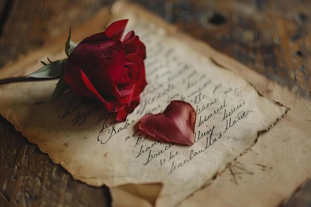 Photo une rose et un cœur sur un morceau de papier sur une table avec de l'écriture sur elle et un stylo roses art amp