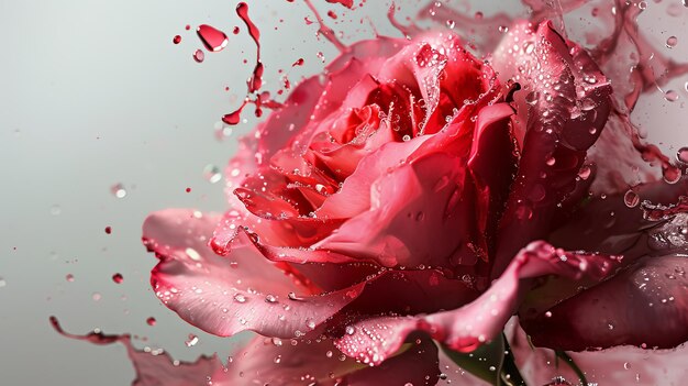 Une rose créée à l'aide d'un liquide rose sur un fond gris clair