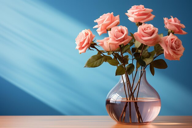 une rose dans un vase transparent avec un espace de copie sur fond coloré