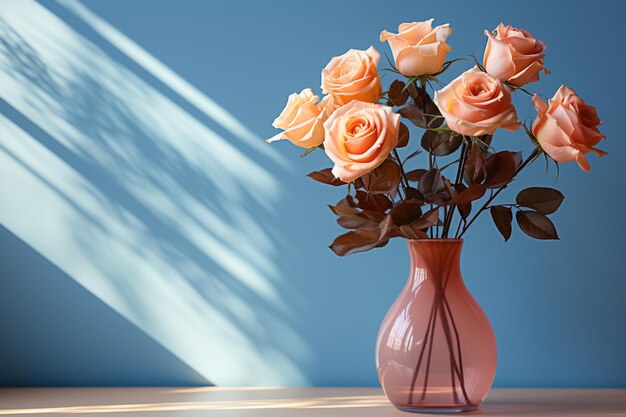 Photo une rose dans un vase transparent avec un espace de copie sur fond coloré