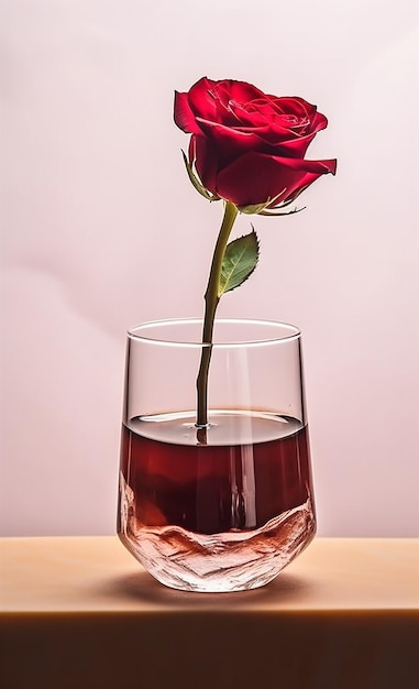 Une rose dans un verre d'eau avec un fond rose.