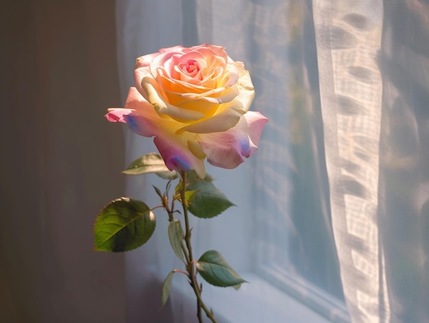 Une rose devant une fenêtre avec le soleil qui brille à travers.