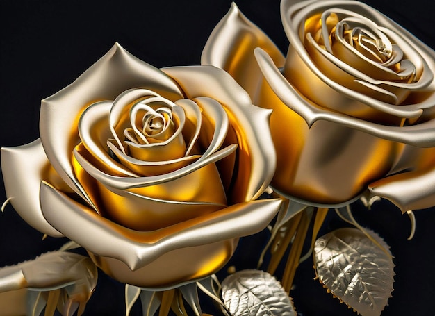 Une rose dorée est représentée avec une feuille d'or dessus.