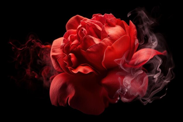 Photo rose enveloppée de fumée rouge dans l'obscurité génère ai