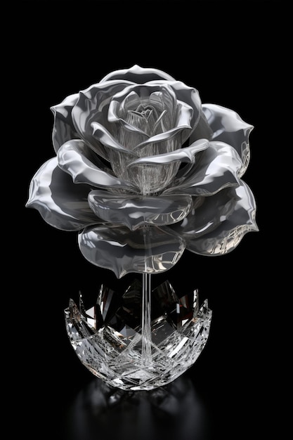 Une rose est dans un vase en verre avec un diamant dessus.