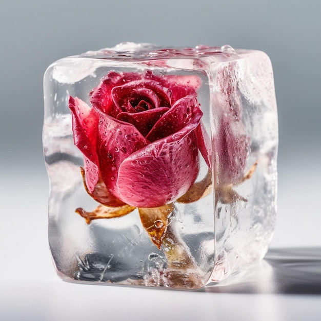 Une rose est gelée dans un cube de glace.