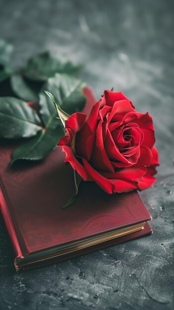 Une rose est sur un livre.