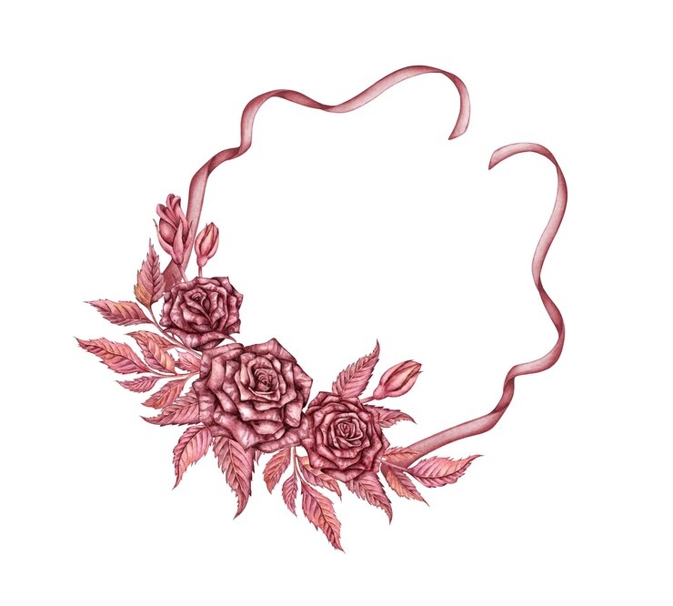 Photo rose avec feuilles et bourgeons bourgogne couronne gothique avec rubans illustration à l'aquarelle jour d'halloween