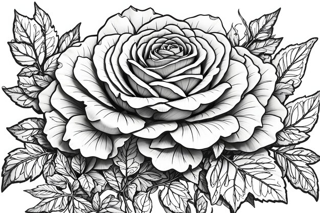 Une rose avec des feuilles et des feuilles dessus des pages à colorier générées par Ai