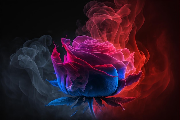 Une rose en fleurs faite de fumée multicolore sur fond noir