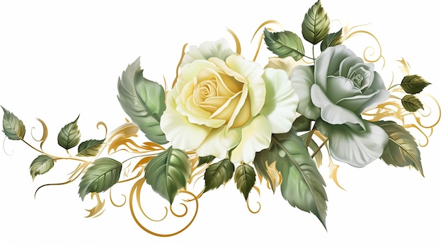 Rose florale élégante avec du vert et de l'or sur fond blanc Generative AI