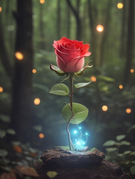 Photo une rose sur un fond de forêt fantastique