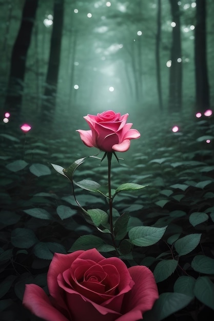 Une rose sur un fond de forêt fantastique