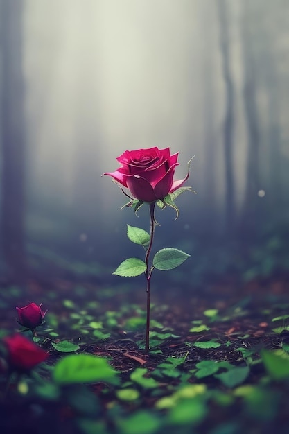Une rose sur un fond de forêt fantastique