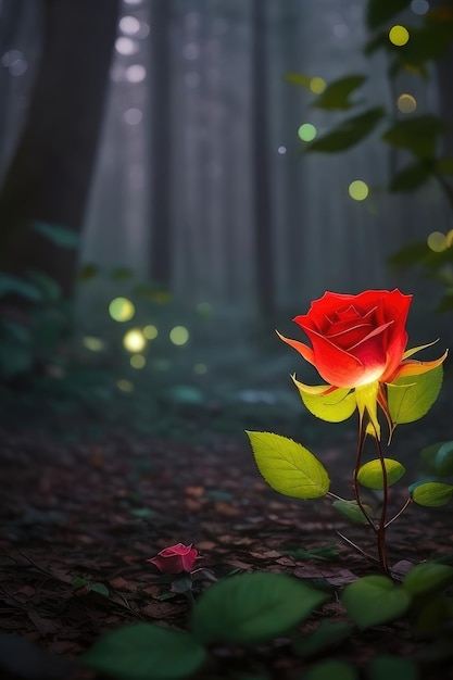 Une rose sur un fond de forêt fantastique