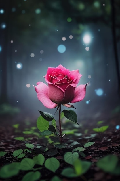 Une rose sur un fond de forêt fantastique