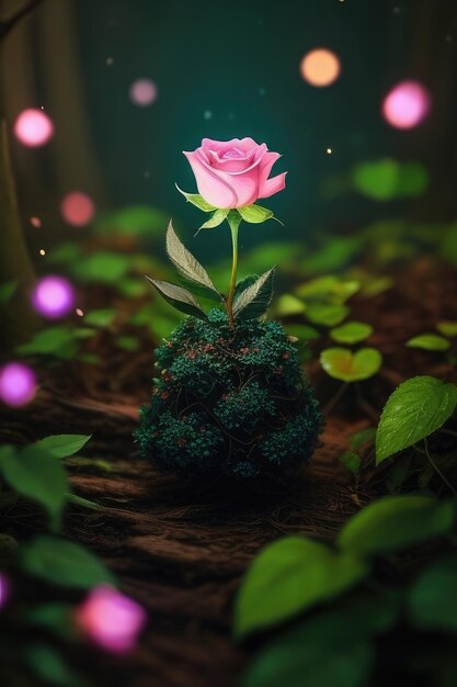 Une rose sur un fond de forêt fantastique