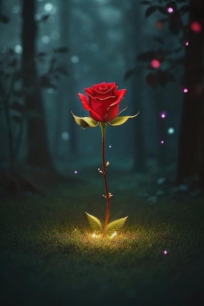 Une rose sur un fond de forêt fantastique