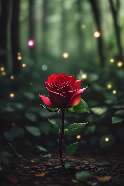 Une rose sur un fond de forêt fantastique