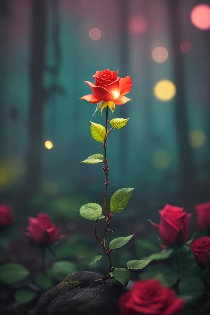 Une rose sur un fond de forêt fantastique