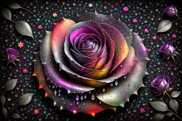 une rose avec un fond noir de diamants de couleur arc-en-ciel