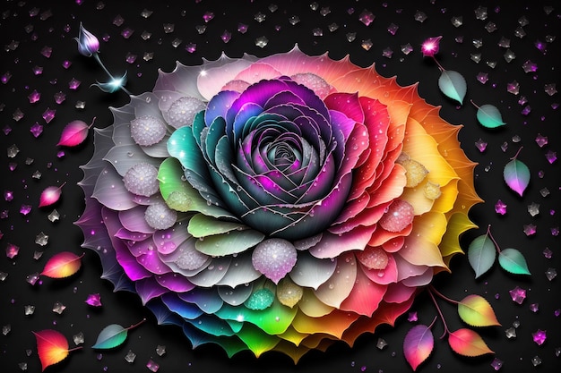 une rose avec un fond noir de diamants de couleur arc-en-ciel