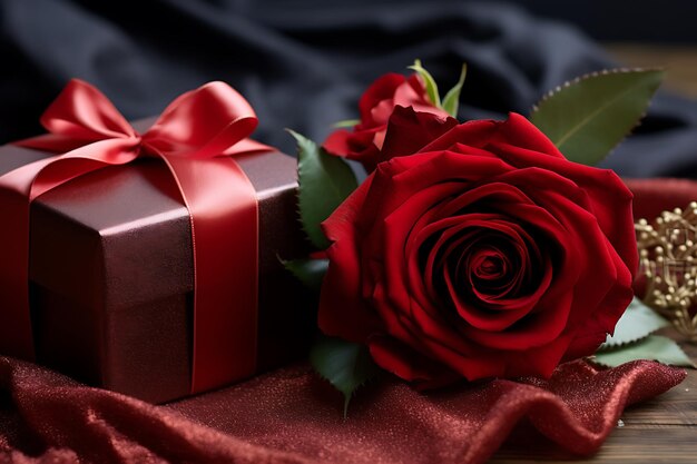 Une rose fraîche et merveilleuse près des cadeaux et des pétales