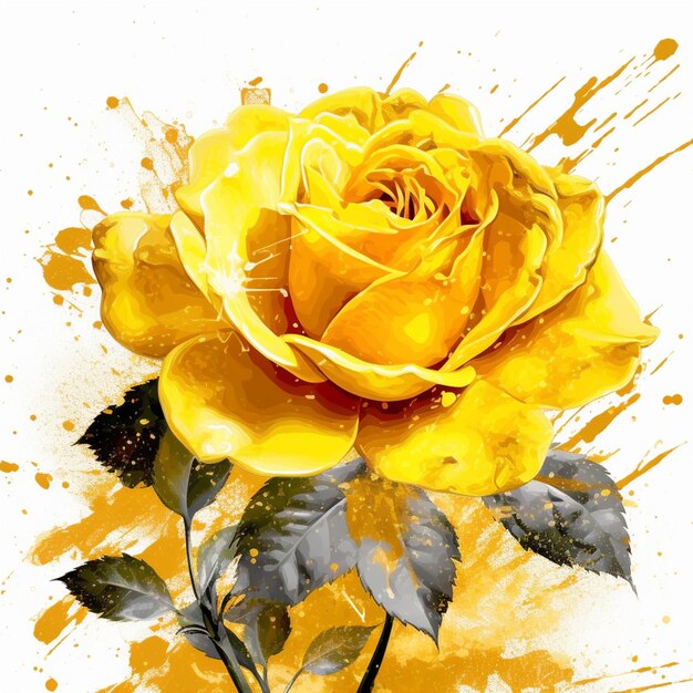 Rose jaune avec éclaboussures aquarelles et feuilles sur fond blanc ai générative