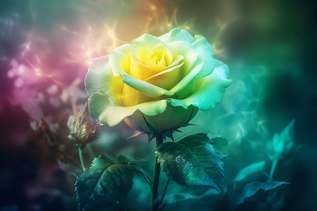 Photo une rose jaune translucide brillante dans un brouillard iridescent sur un fond flou en gros plan