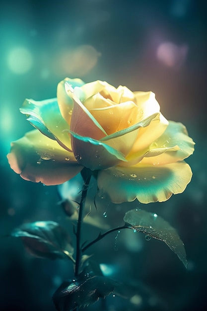 Photo une rose jaune translucide dans des gouttes de rosée sur un fond flou en gros plan