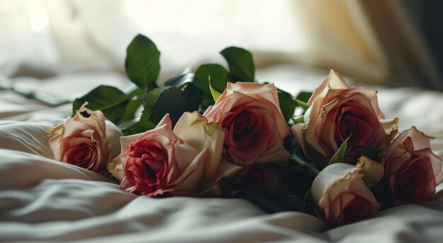 Une rose sur un lit, une rose sur la table, une rose et un livre.