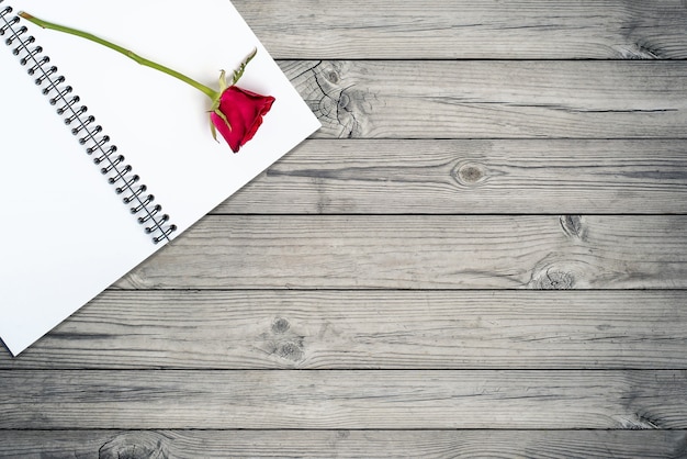 Rose sur un livre sur une table en bois