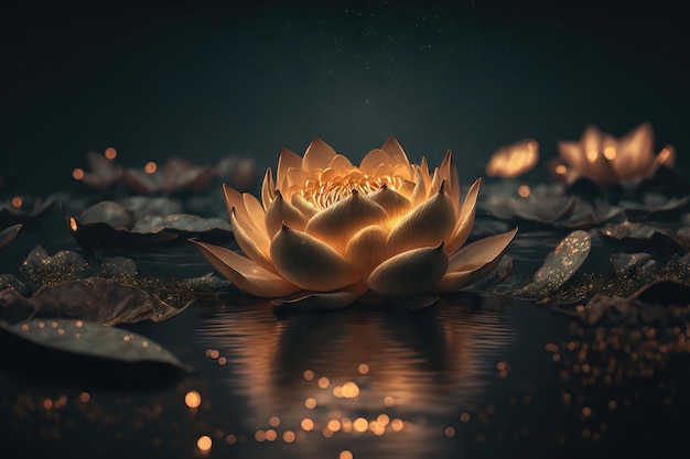 Photo la rose de lotus dorée fleurit la nuit dans l'eau dans le marais fleur magique fantastique lumière jaune de l'intérieur du reflet du lotus dans l'eau illustration 3d