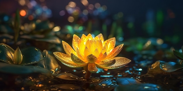Une rose de lotus dorée fleurit la nuit avec un éclat de clair de lune dans l'eau dans le fantasme des marais