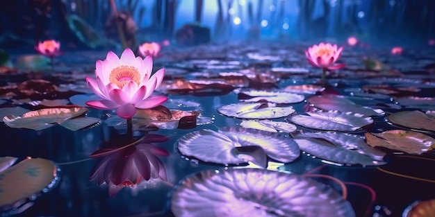 La rose de lotus pourpre fleurit la nuit avec le clair de lune