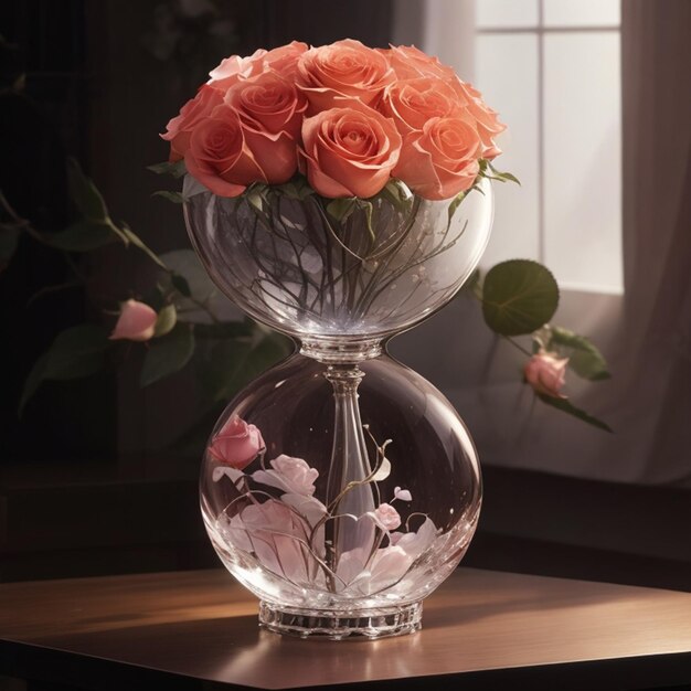 Une rose magnifique en pleine floraison délicatement placée dans un vase de cristal ses pétales veloutés gli